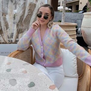 Zara Pastel Knit Argyle Jewel Button Cardigan Sweater